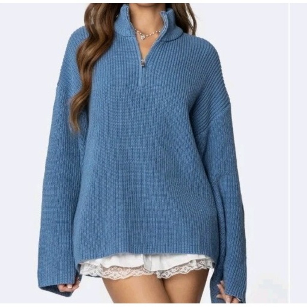 Edikted Amour High Neck Oversized Zip Sweater Blue Size M NWT